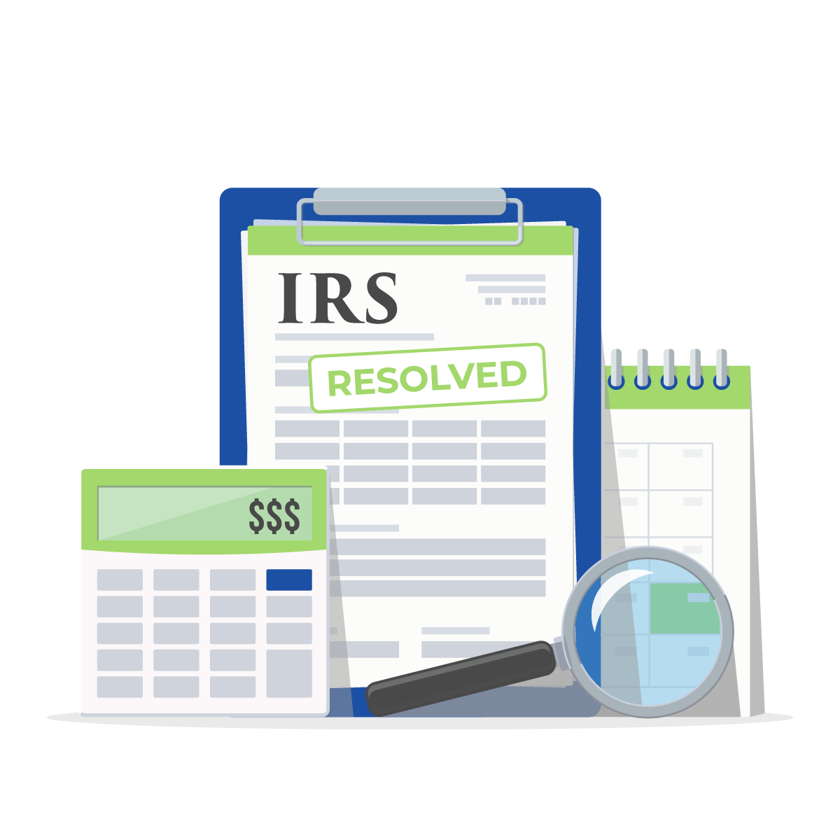 Tax-Resolution-calculator-illustration Illustration of a Tax Form, Calculator, Calendar and Magnifying Glass